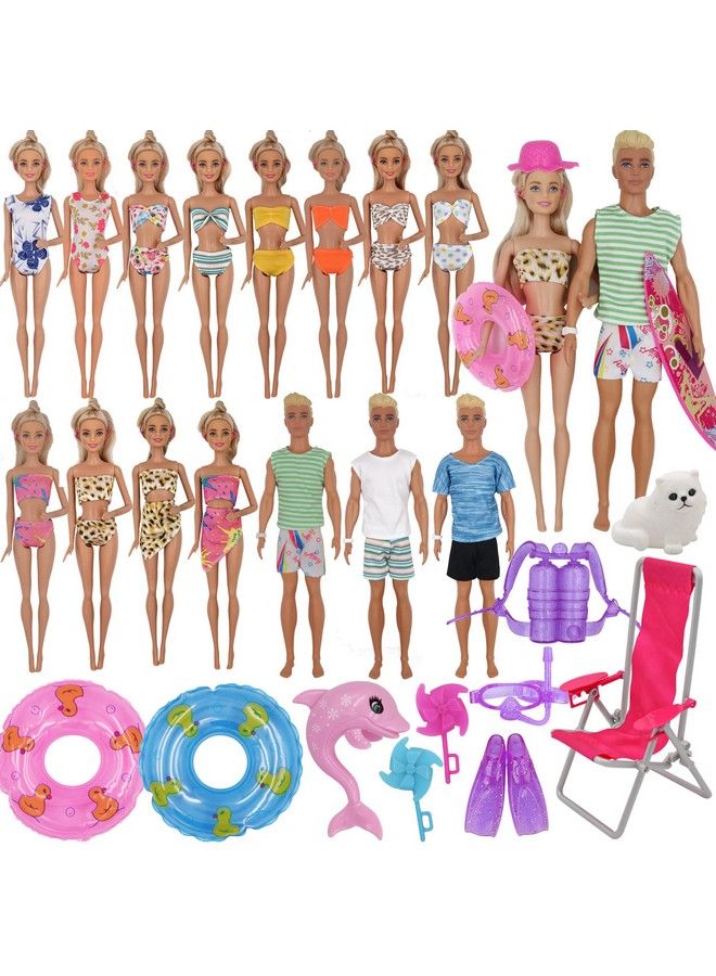 42Pcs Doll Clothes And Swimming Accessories For 12 Inch Boy And Girl Dolls Includes Bikini Swim Suit Swim Trunks Skateboard Lifebuoys Chair Diving Swimming Sets For 12 Inch Doll Beach Style