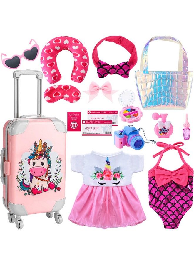 Travel Luggage Play Set For 18 Inch Doll Accessories And Furniture Doll Luggage Seat With Mermaid Doll Clothes Sunglasses Camera Toy Travel Pillow Travel Doll Playsets Doll Not Included (Cute Style)