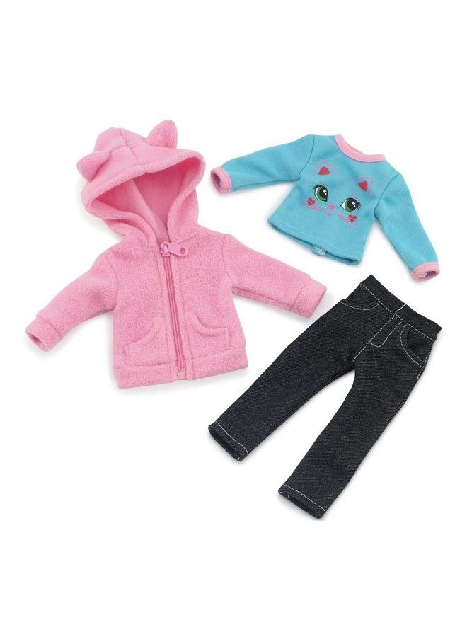 14 Inch Doll Clothes Accessories ; Beautiful 3 Piece Pink Fleece Coat Jacket (With Ears!) Outfit Gift Set Accessory Including Easy Slip On Stretch Jeans ; Fits Most 14