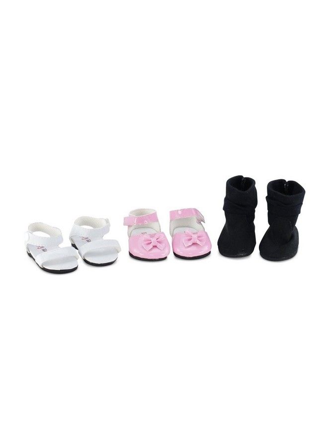 18 Inch Doll Shoes ; Value 3 Pack 18 In Doll Shoes Gift Set: Pink Shoes White Sandals And Black Boots ; Compatible With 18