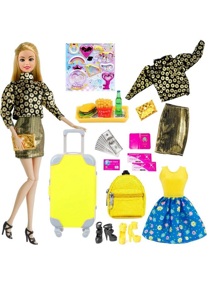 27 Pack Fashionista 11.5 Inch Girl Doll Clothes And Doll Accessories With Travel Suitcase Include Backpack Food Toys Ticket Set Shoes Sticker (No Doll)
