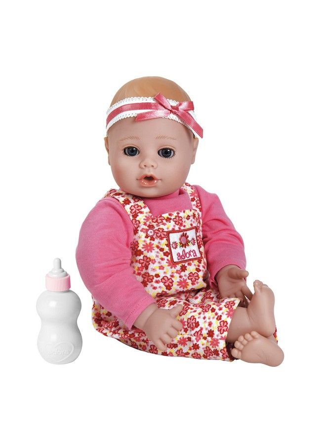 Playtime Baby Flower Pink 13 Inch Baby Doll With Floral Overalls Bow Headband And Bottle