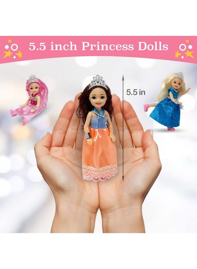 Little Dolls Set With Mini Princess Dolls For Girls Princess Toy Dolls For Dollhouse Small Doll Mini Princess Figures With Tiaras Hair Accessories Tiny 5.5” Miniature Mini Dolls Set Of 6