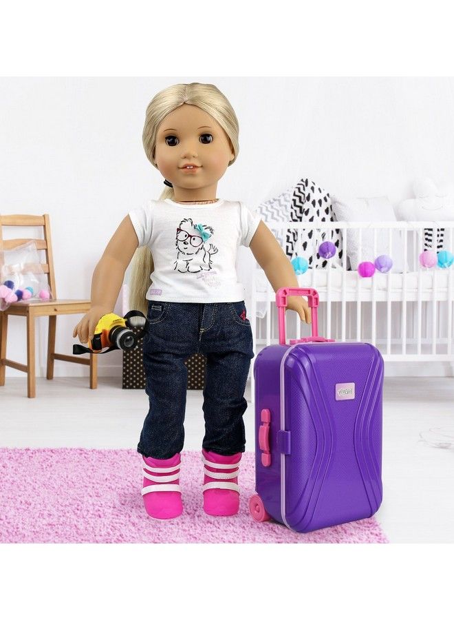 18” Doll Travel Carry On Suitcase Luggage 7 Piece Set Includes Travel Gear Accessories Photo Camera Sunglasses And Passport Pretend Play Toys For Kids Doll Is Not Included