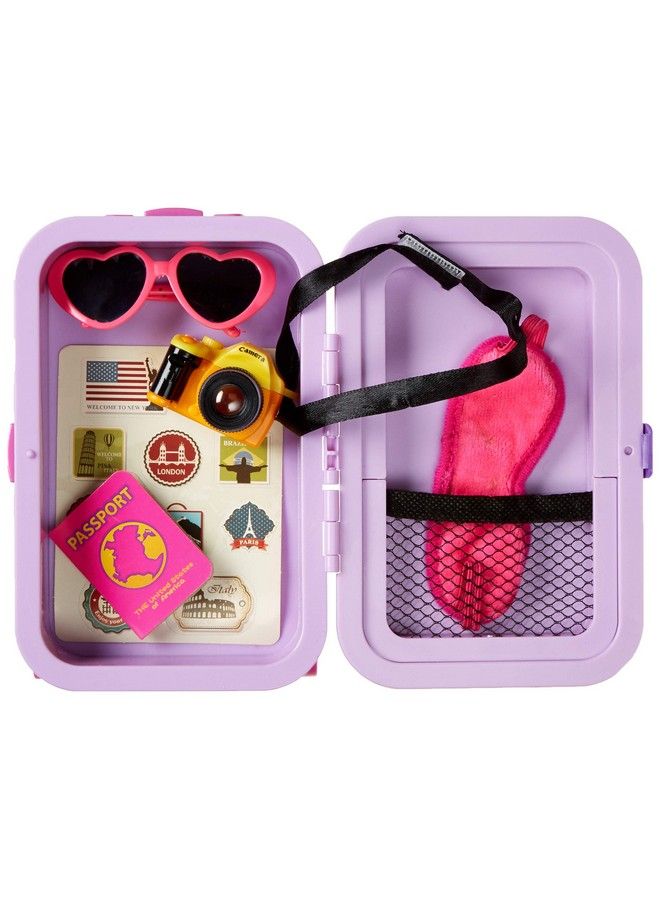 18” Doll Travel Carry On Suitcase Luggage 7 Piece Set Includes Travel Gear Accessories Photo Camera Sunglasses And Passport Pretend Play Toys For Kids Doll Is Not Included