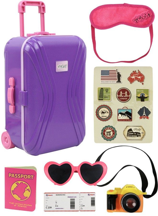 18” Doll Travel Carry On Suitcase Luggage 7 Piece Set Includes Travel Gear Accessories Photo Camera Sunglasses And Passport Pretend Play Toys For Kids Doll Is Not Included