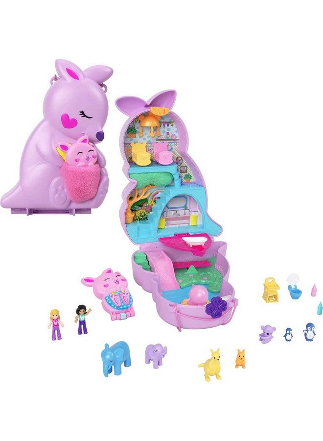 2 In 1 Travel Toy Playset Animal Toy With 2 Dolls & Accessories Mama & Joey Kangaroo Purse Large Compact