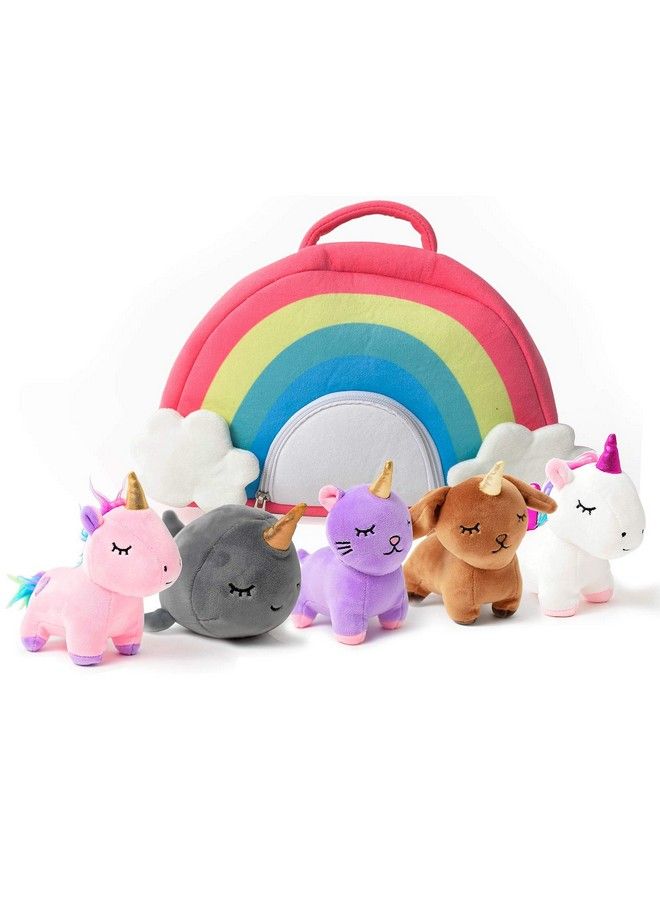 Wonder Products 5 Piece Unicorn Stuffed Animals Set With Plush Rainbow Bag ; Girls Ages 4 10