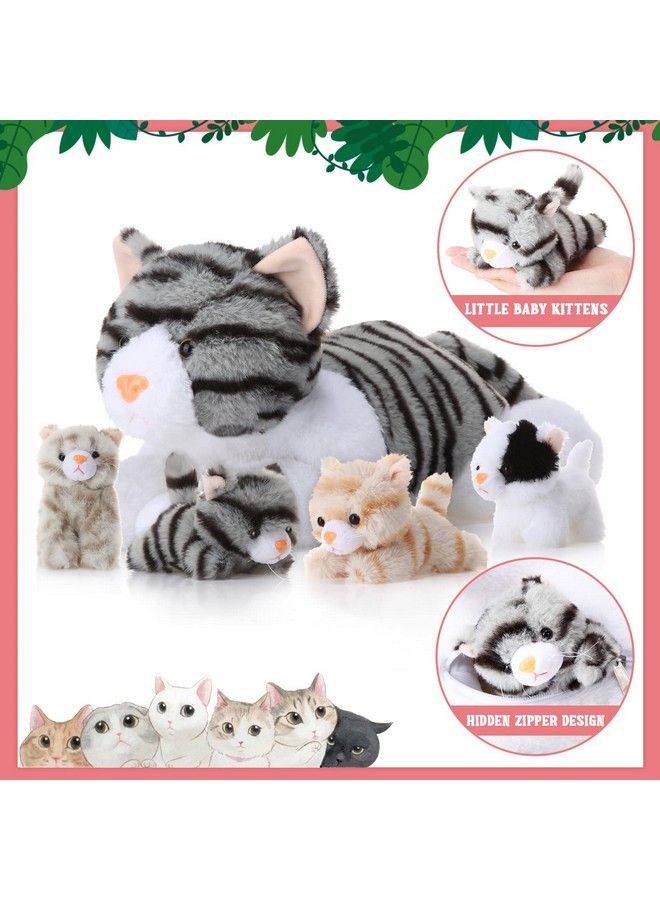 5 Pieces Stuffed Animal Plush Cat Set Include Large Soft Cuddly With 4 Cute Fluffy Plush Kittens In Mommy Cat'S Belly Nurturing Cat Huggable Sleeping Birthday Gifts (Gray)