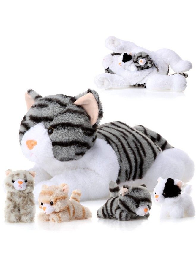 5 Pieces Stuffed Animal Plush Cat Set Include Large Soft Cuddly With 4 Cute Fluffy Plush Kittens In Mommy Cat'S Belly Nurturing Cat Huggable Sleeping Birthday Gifts (Gray)