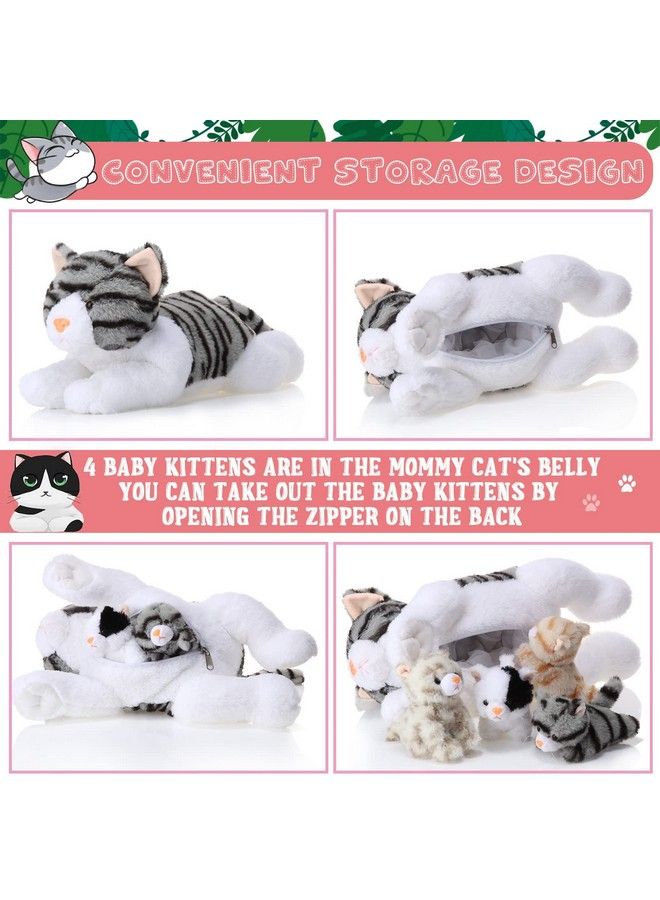 5 Pieces Stuffed Animal Plush Cat Set Include Large Soft Cuddly With 4 Cute Fluffy Plush Kittens In Mommy Cat'S Belly Nurturing Cat Huggable Sleeping Birthday Gifts (Gray)