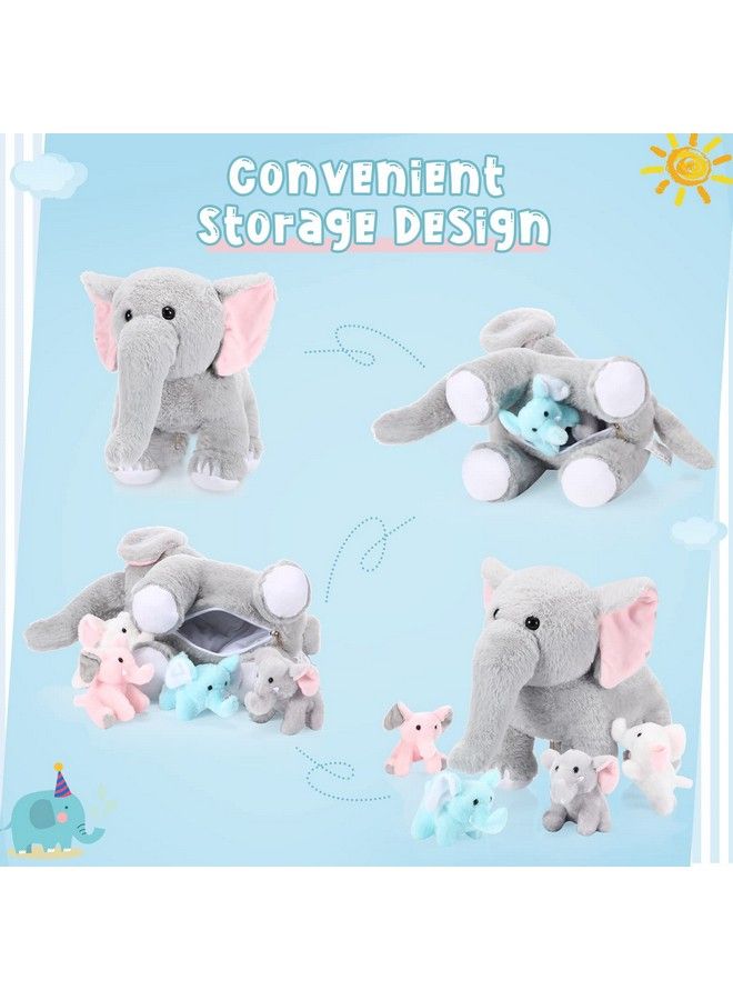 5 Pcs Plush Elephant Stuffed Animals With Babies Mommy Elephant With 4 Plush Baby Soft Plush Elephants Animals Playset For Party Supplies Favors Decorations Stocking Stuffers (Multicolor)