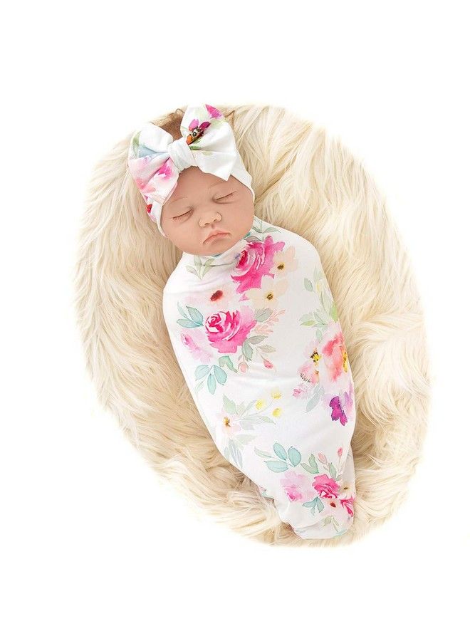 Newborn Receiving Blanket Big Bow Headband Set Baby Flower Rose Swaddle
