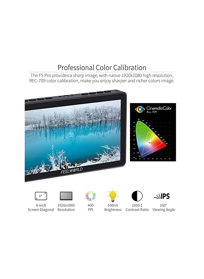 F5 Pro V4 6 inch 1920×1080 IPS Touch Screen DSLR Camera Field Monitor, 4K HDMI, Waveform, 3D LUT, Rec.709 Standard, with Tilt Arm, for Live Streaming, Selfie, Photo, Video Monitoring