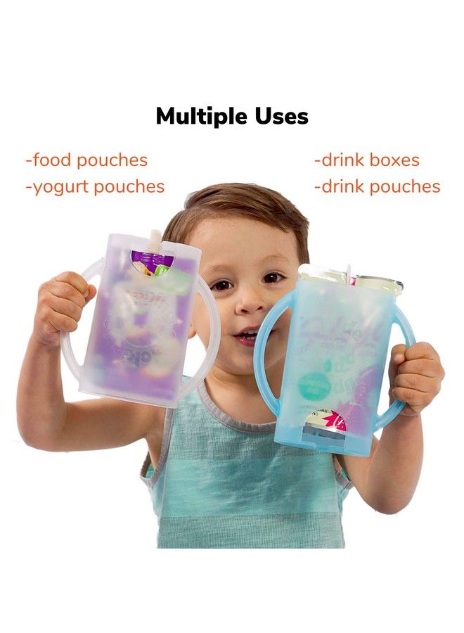 Deluxe Squeeze Proof Flipping Holder (2 Pack With Lids) For Food Pouches & Juice Boxes Multipurpose Prevent Messes & Support Self Feeding Easy Grasping Handles Made In Usa