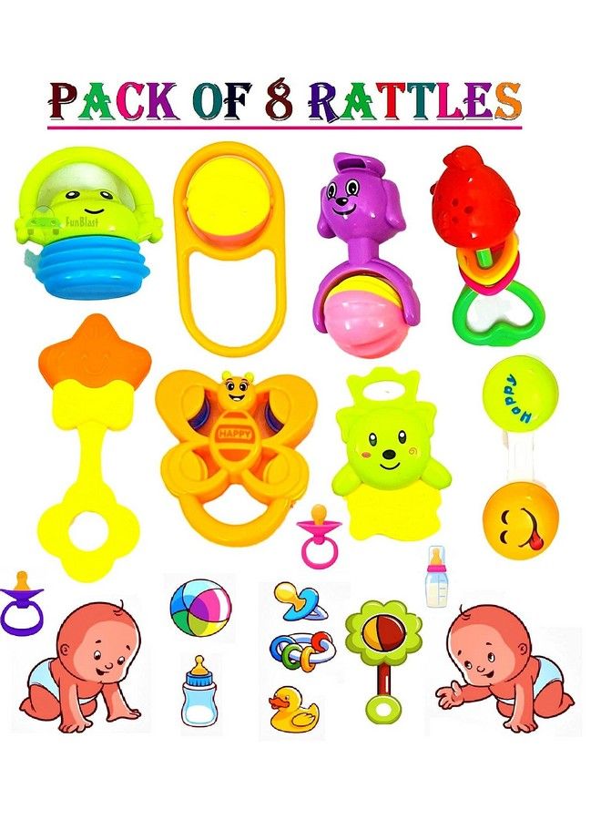 Rattles And Teether For Babies Set Of 8 Pcs Colourful Lovely Attractive Rattles And Teether For Babies Toddlers Infants & Children (Multicolor)