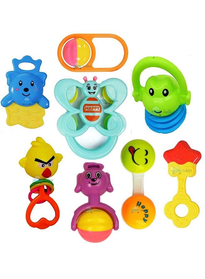 Rattles And Teether For Babies Set Of 8 Pcs Colourful Lovely Attractive Rattles And Teether For Babies Toddlers Infants & Children (Multicolor)