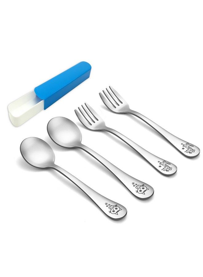 Toddler Kids Preschoolers Utensil Flatware Silverware Set Pure Stainless Steel Non Toxic & Healthy Brushed Surface Laser Carved Animal Handle Set Of 4 Dishwasher Safe