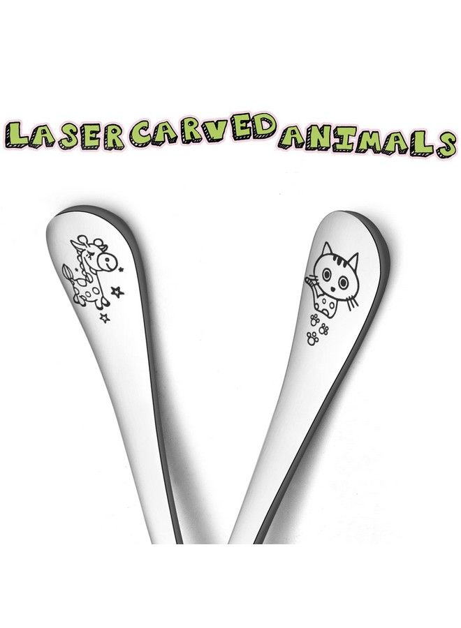 Toddler Kids Preschoolers Utensil Flatware Silverware Set Pure Stainless Steel Non Toxic & Healthy Brushed Surface Laser Carved Animal Handle Set Of 4 Dishwasher Safe