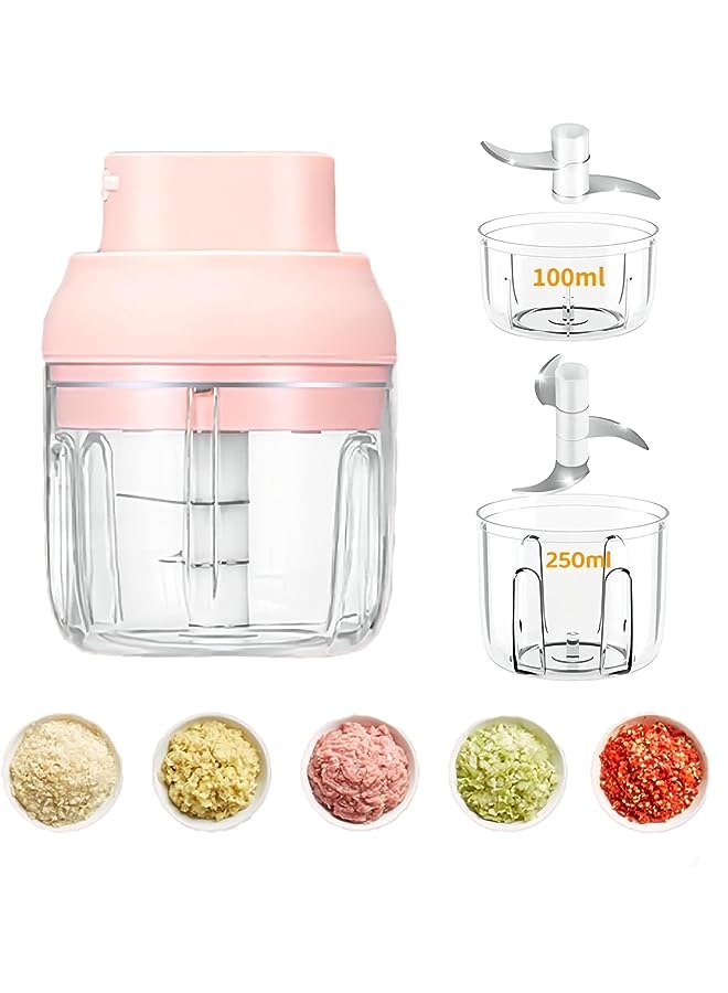 two kinds of different capacity.Wireless Electric Mini Food Chopper and Processor with 3 blades,for Onion/Vegetable/Garlic.Kitchen Multi-Function Blender((pink, 100ml-250ml)