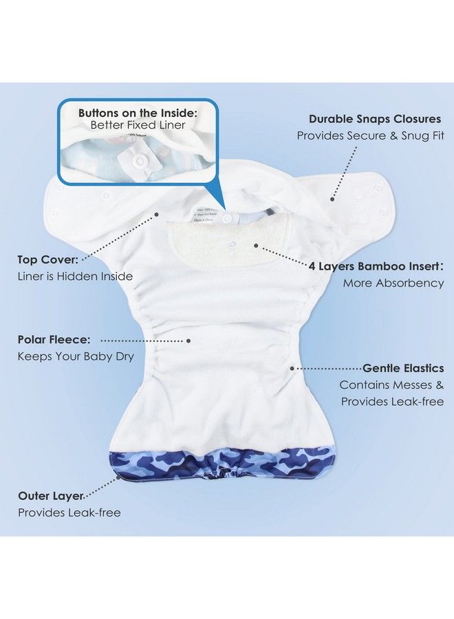Washable Reusable Baby Cloth Pocket Diapers 5 Pack + 5 Bamboo Inserts (Camo & Plaid) One Size