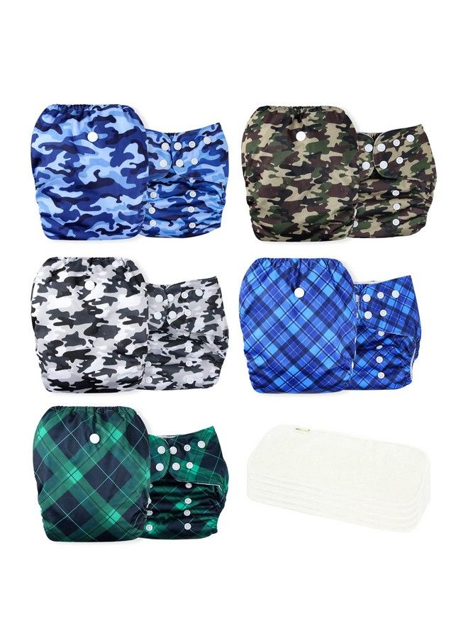 Washable Reusable Baby Cloth Pocket Diapers 5 Pack + 5 Bamboo Inserts (Camo & Plaid) One Size
