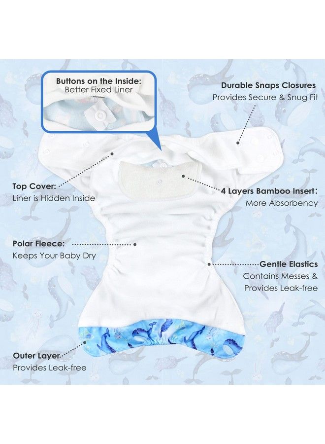 Washable Reusable Baby Cloth Pocket Diapers 5 Pack + 5 Bamboo Inserts (Ocean Adventure) One Size