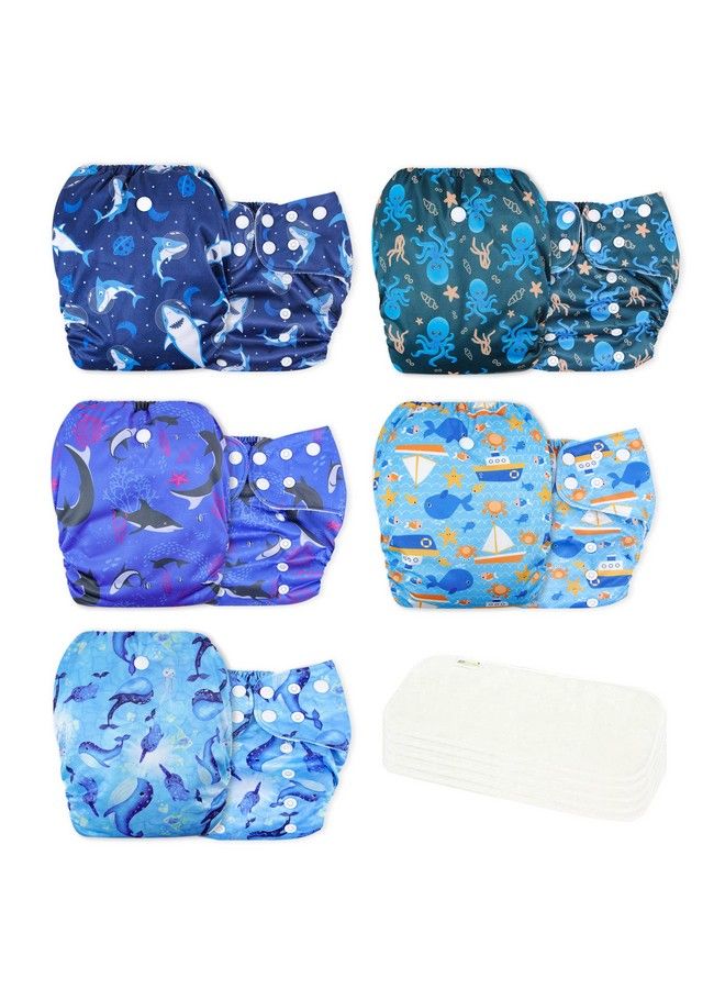 Washable Reusable Baby Cloth Pocket Diapers 5 Pack + 5 Bamboo Inserts (Ocean Adventure) One Size