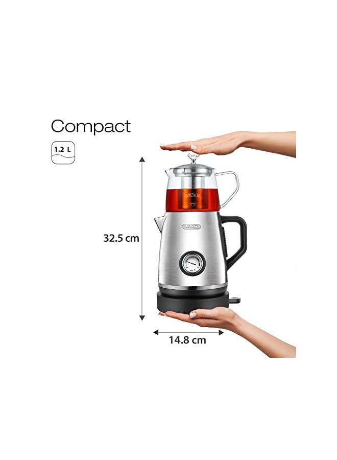 Germany 1600W 2-in-1 Compact 1.2L Stainless-steel Tea Maker + Electric Kettle, 75/85/100°C Adjustable Touch Temp Setting, German Glass Tech Teapot, TS190, 2Y Guarantee-UAE Version (Silver)