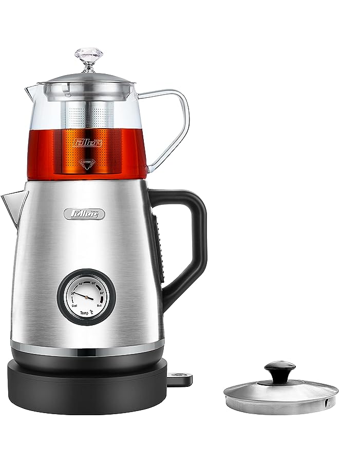 Germany 1600W 2-in-1 Compact 1.2L Stainless-steel Tea Maker + Electric Kettle, 75/85/100°C Adjustable Touch Temp Setting, German Glass Tech Teapot, TS190, 2Y Guarantee-UAE Version (Silver)