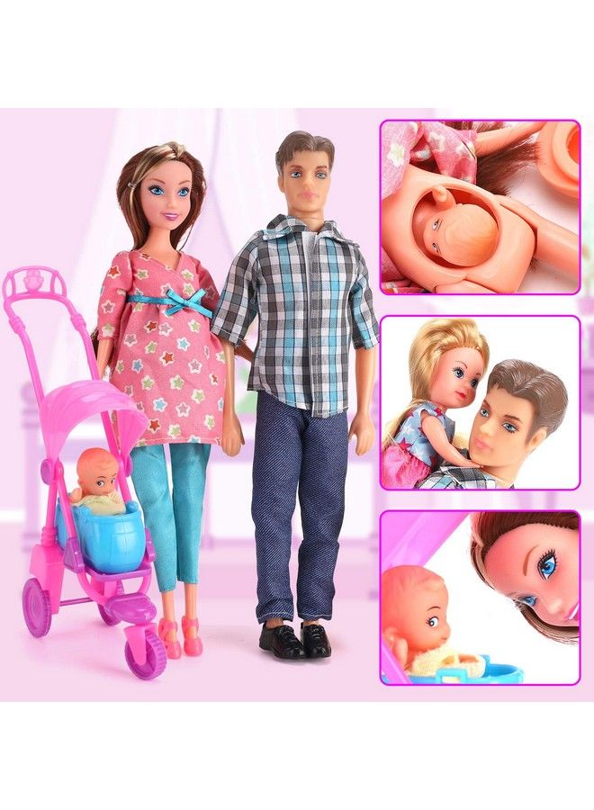 Happy Family Welcome Baby 11.5 Inch Pregnant Doll Toy Husband & Wife With Daughter Newborn Stroller And Accessories Playset (22 Pieces)