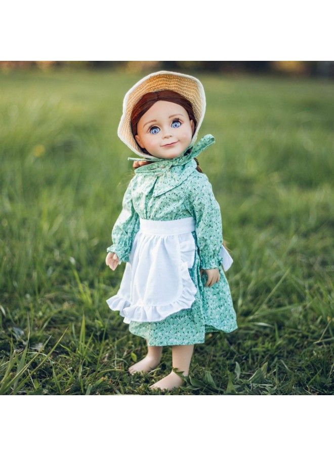 18 Inch Doll Clothes Licensed Little House On The Prairie Green Calico Dress With Apron And Straw Bonnet Compatible For Use With American Girl Dolls