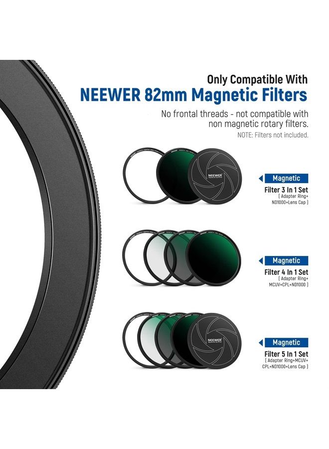 NEEWER Magnetic Step Up Filter Ring Adapter Kit: 58-82, 62-82, 67-82, 72-82, 77-82 Lens Filter Adapters, Compatible with K&F NEEWER Magnetic 82mm Filters on 77mm/72mm67mm/62mm/58mm Camera Lens