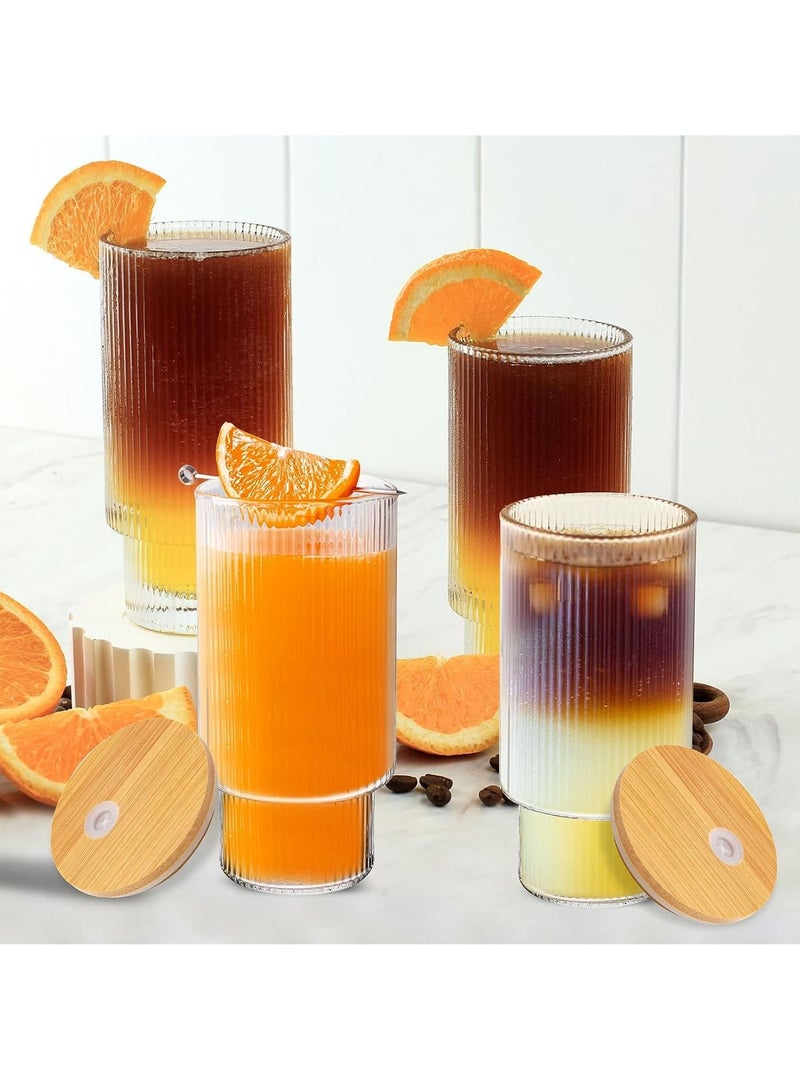 Ribbed Glassware, Set of 4 Ribbed Glasses, 16 Oz Vintage Drinking Glasses, Glass Cup with Lids and Straws, Reusable Iced Coffee Glass Cups, Ideal for Coffee, Juice