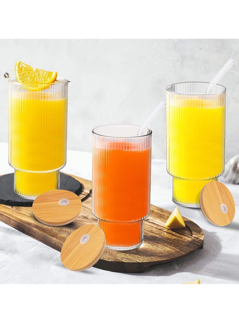 Ribbed Glassware, Set of 4 Ribbed Glasses, 16 Oz Vintage Drinking Glasses, Glass Cup with Lids and Straws, Reusable Iced Coffee Glass Cups, Ideal for Coffee, Juice