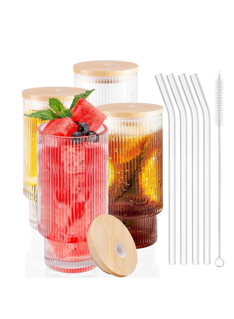 Ribbed Glassware, Set of 4 Ribbed Glasses, 16 Oz Vintage Drinking Glasses, Glass Cup with Lids and Straws, Reusable Iced Coffee Glass Cups, Ideal for Coffee, Juice