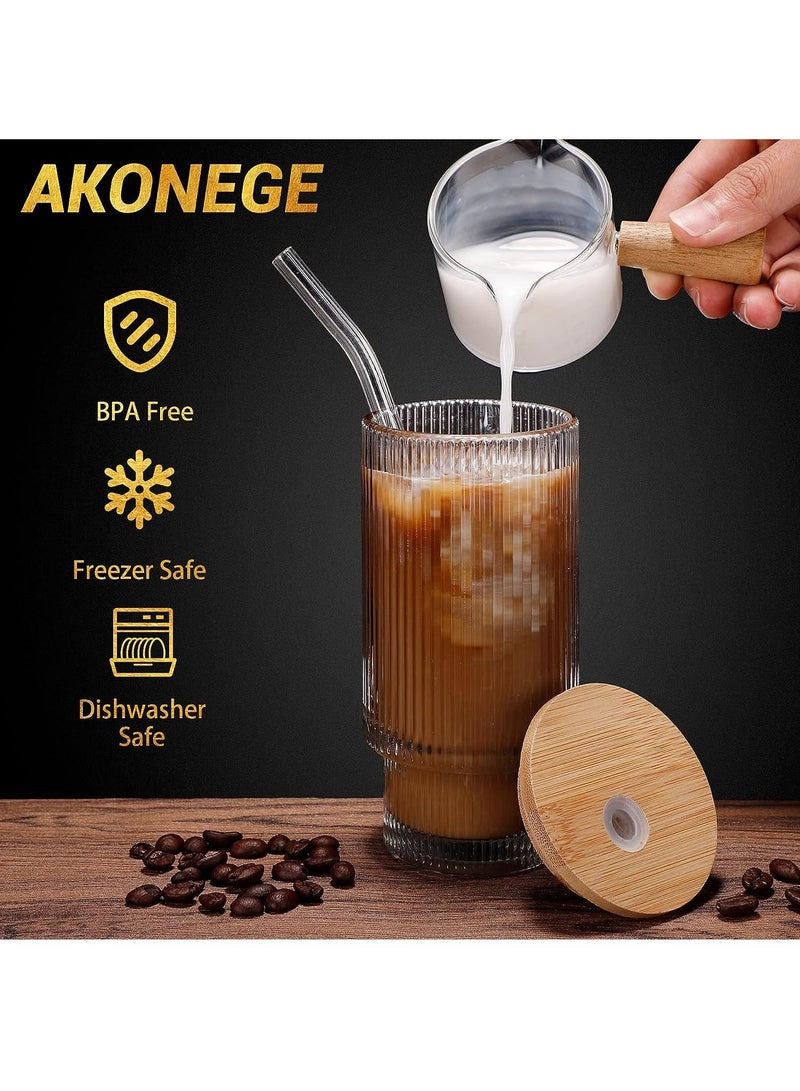 Glass Cups with Lids and Straws 12oz Iced Coffee Cups with Lids Ribbed Glassware Drinking Glasses with Bamboo Lids Glasses Vintage Glassware for  Gift