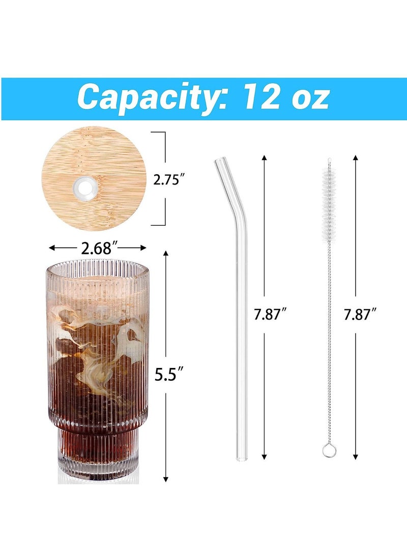 Glass Cups with Lids and Straws 12oz Iced Coffee Cups with Lids Ribbed Glassware Drinking Glasses with Bamboo Lids Glasses Vintage Glassware for  Gift