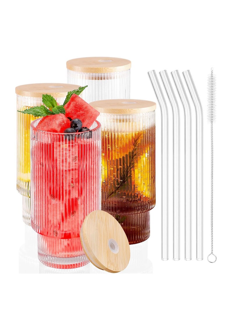 Glass Cups with Lids and Straws 12oz Iced Coffee Cups with Lids Ribbed Glassware Drinking Glasses with Bamboo Lids Glasses Vintage Glassware for  Gift