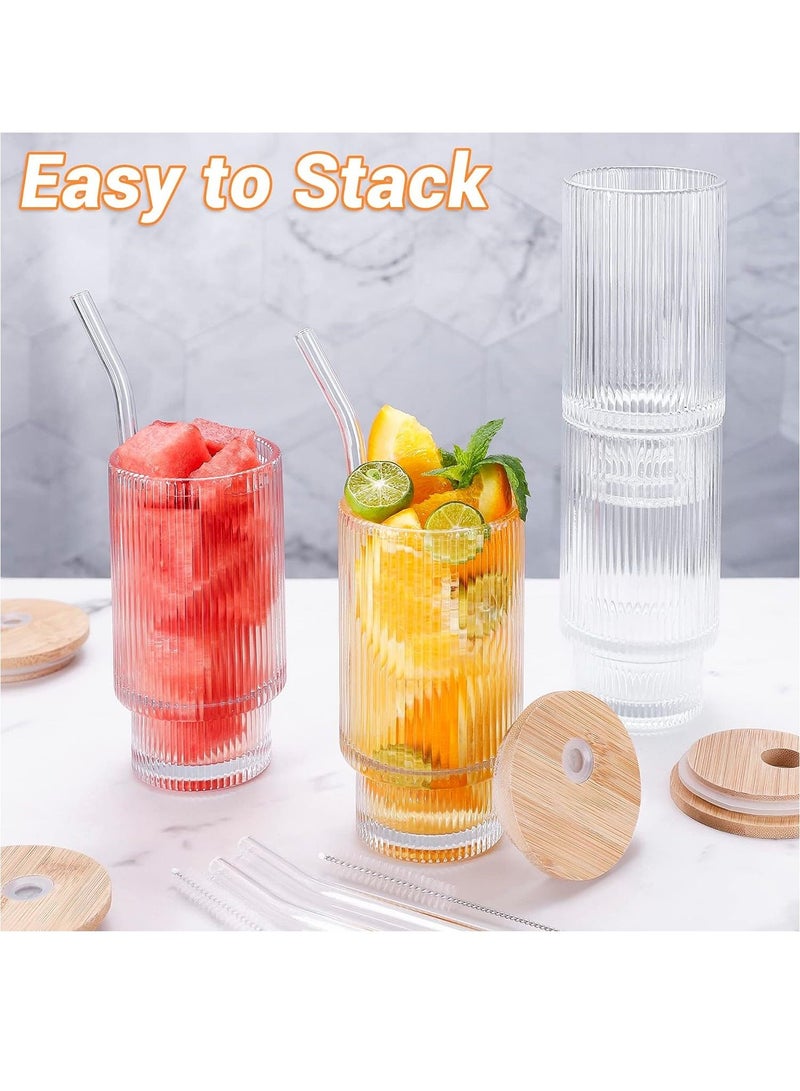 Glass Cups with Lids and Straws 12oz Iced Coffee Cups with Lids Ribbed Glassware Drinking Glasses with Bamboo Lids Glasses Vintage Glassware for  Gift