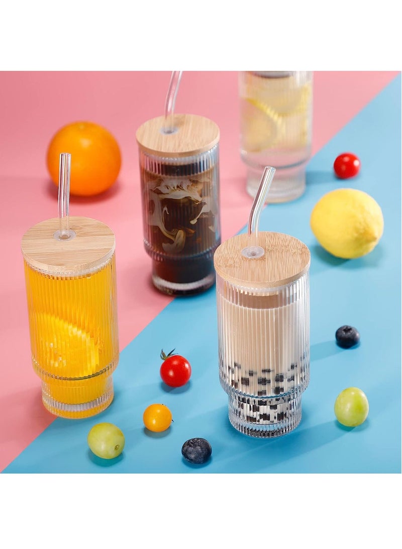 Glass Cups with Lids and Straws 12oz Iced Coffee Cups with Lids Ribbed Glassware Drinking Glasses with Bamboo Lids Glasses Vintage Glassware for  Gift