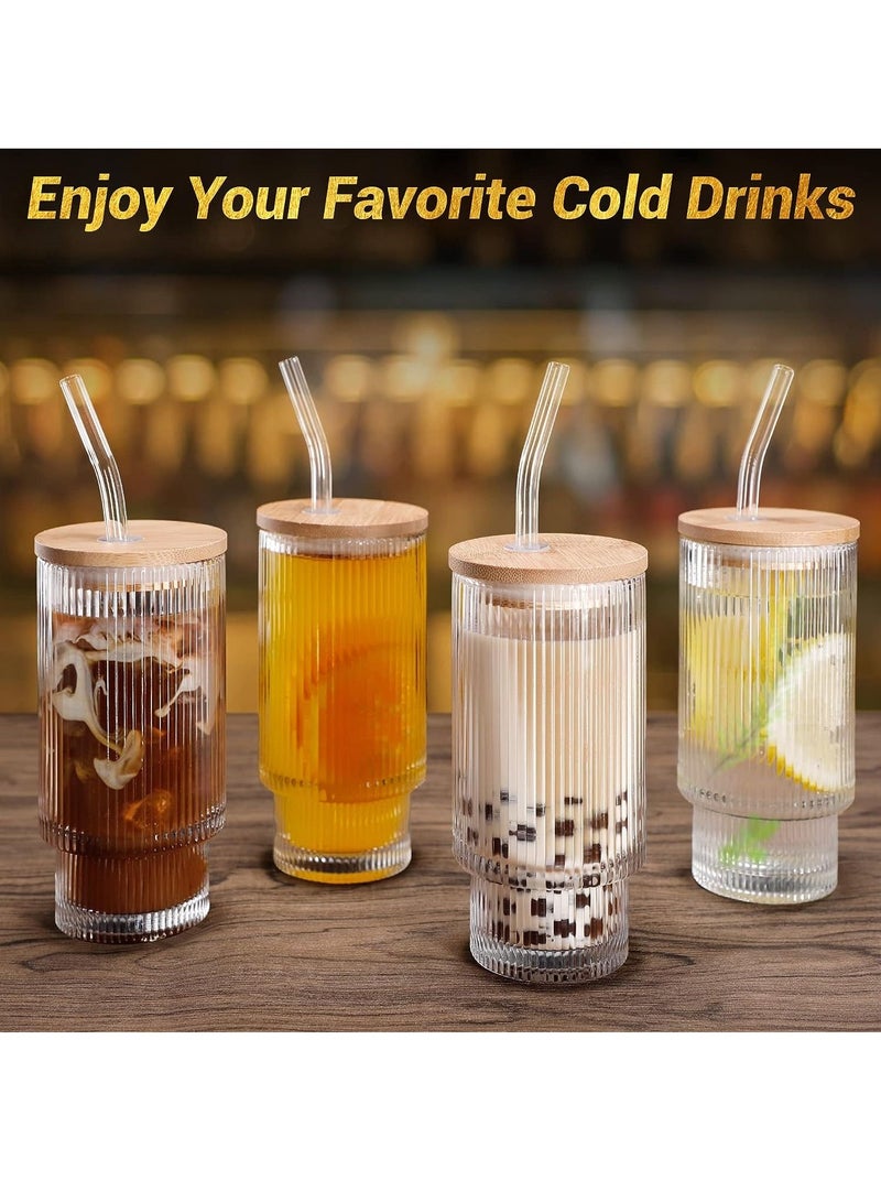 Glass Cups with Lids and Straws 12oz Iced Coffee Cups with Lids Ribbed Glassware Drinking Glasses with Bamboo Lids Glasses Vintage Glassware for  Gift
