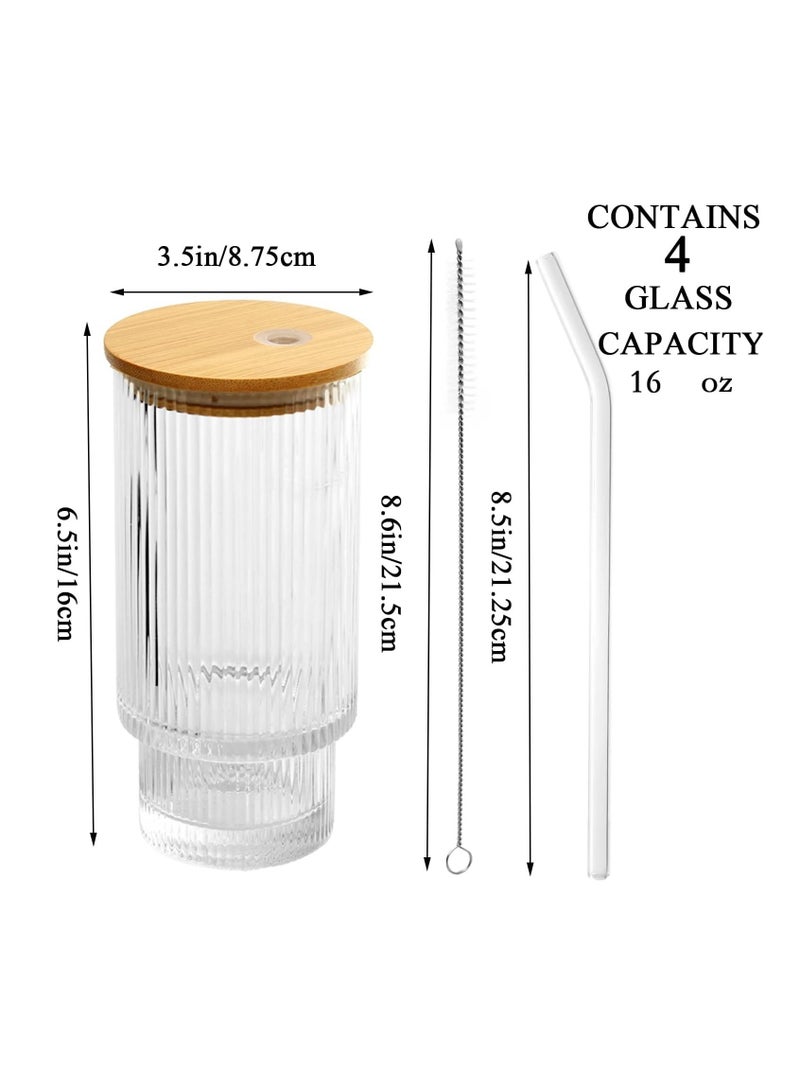 4 Pcs Set 16oz Ribbed Drinking Glasses with Bamboo Lids and Straws Ribbed Glass Cups Stackable Glasses Vintage Water Glasses for Juice Coffee Tea and Cocktail