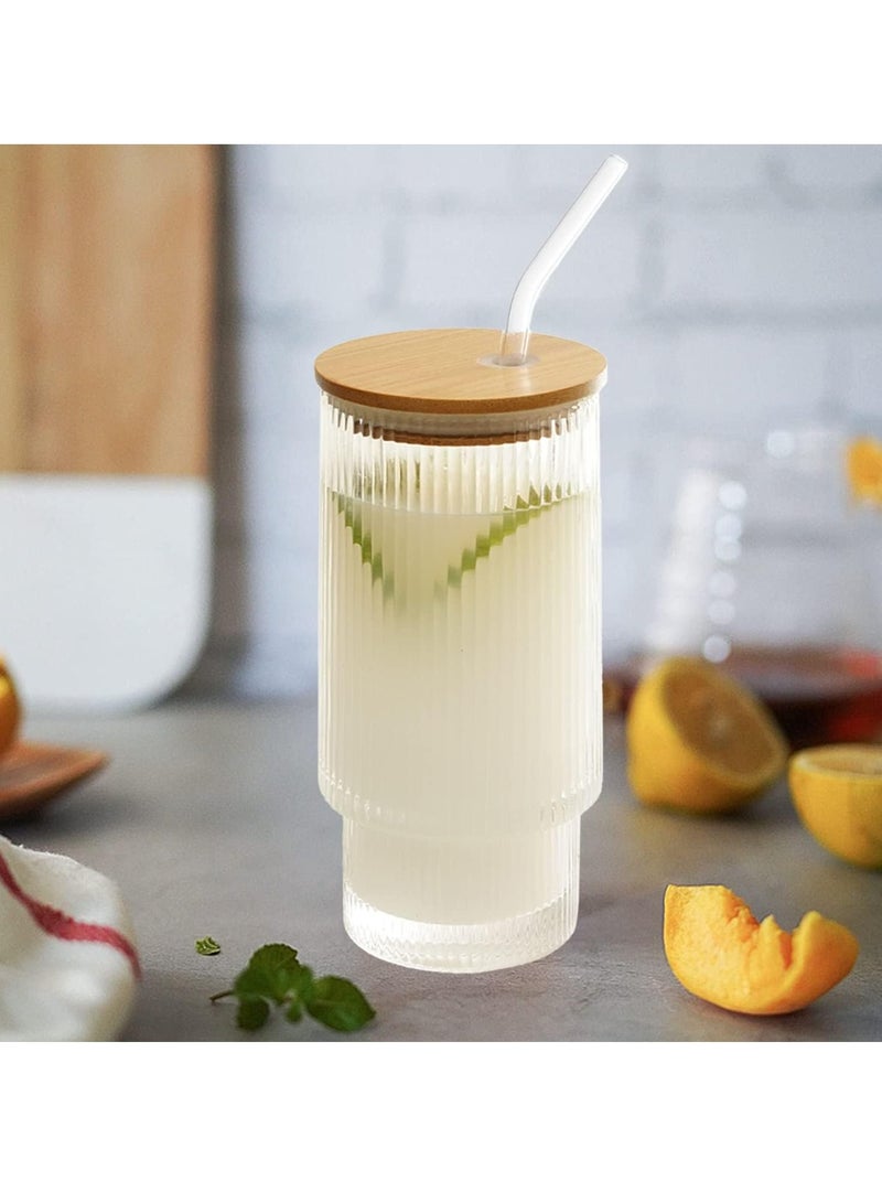 4 Pcs Set 16oz Ribbed Drinking Glasses with Bamboo Lids and Straws Ribbed Glass Cups Stackable Glasses Vintage Water Glasses for Juice Coffee Tea and Cocktail