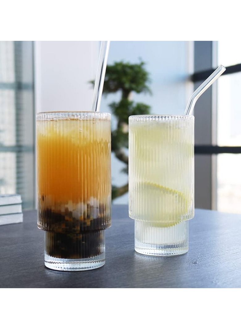 4 Pcs Set 16oz Ribbed Drinking Glasses with Bamboo Lids and Straws Ribbed Glass Cups Stackable Glasses Vintage Water Glasses for Juice Coffee Tea and Cocktail