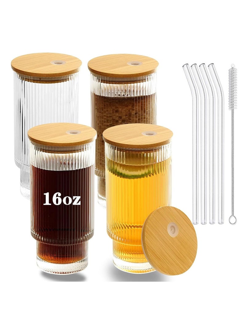 4 Pcs Set 16oz Ribbed Drinking Glasses with Bamboo Lids and Straws Ribbed Glass Cups Stackable Glasses Vintage Water Glasses for Juice Coffee Tea and Cocktail