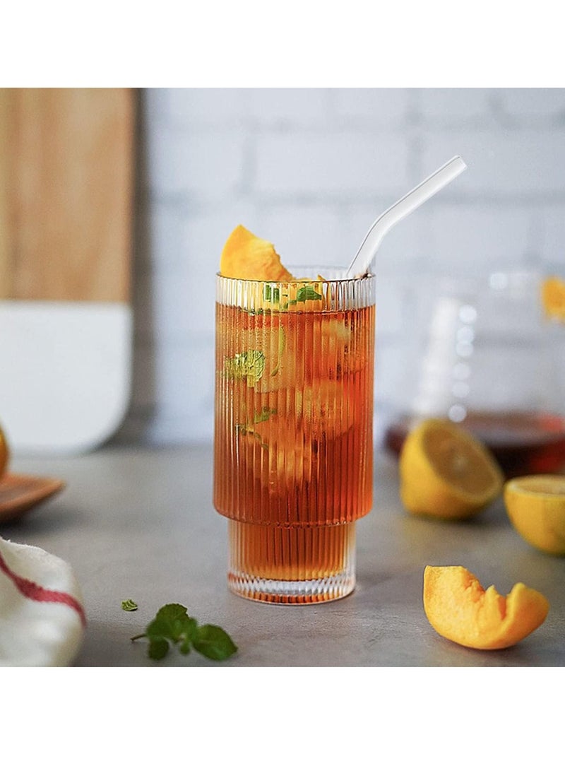 4 Pcs Set 16oz Ribbed Drinking Glasses with Bamboo Lids and Straws Ribbed Glass Cups Stackable Glasses Vintage Water Glasses for Juice Coffee Tea and Cocktail