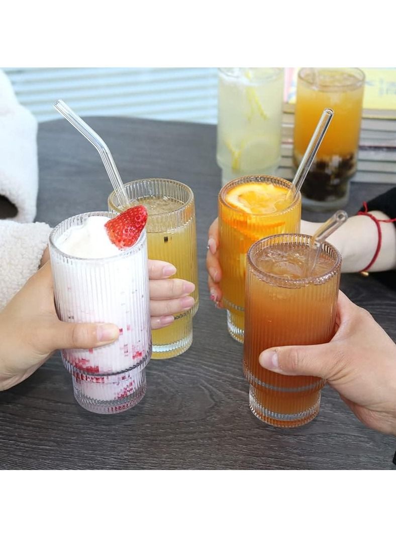 4 Pcs Set 16oz Ribbed Drinking Glasses with Bamboo Lids and Straws Ribbed Glass Cups Stackable Glasses Vintage Water Glasses for Juice Coffee Tea and Cocktail