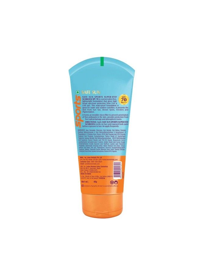 Safe Sun Sports Superstay Sunblock Spf 70 Pa+++ Preservative Free Antipollution 40Gwhite