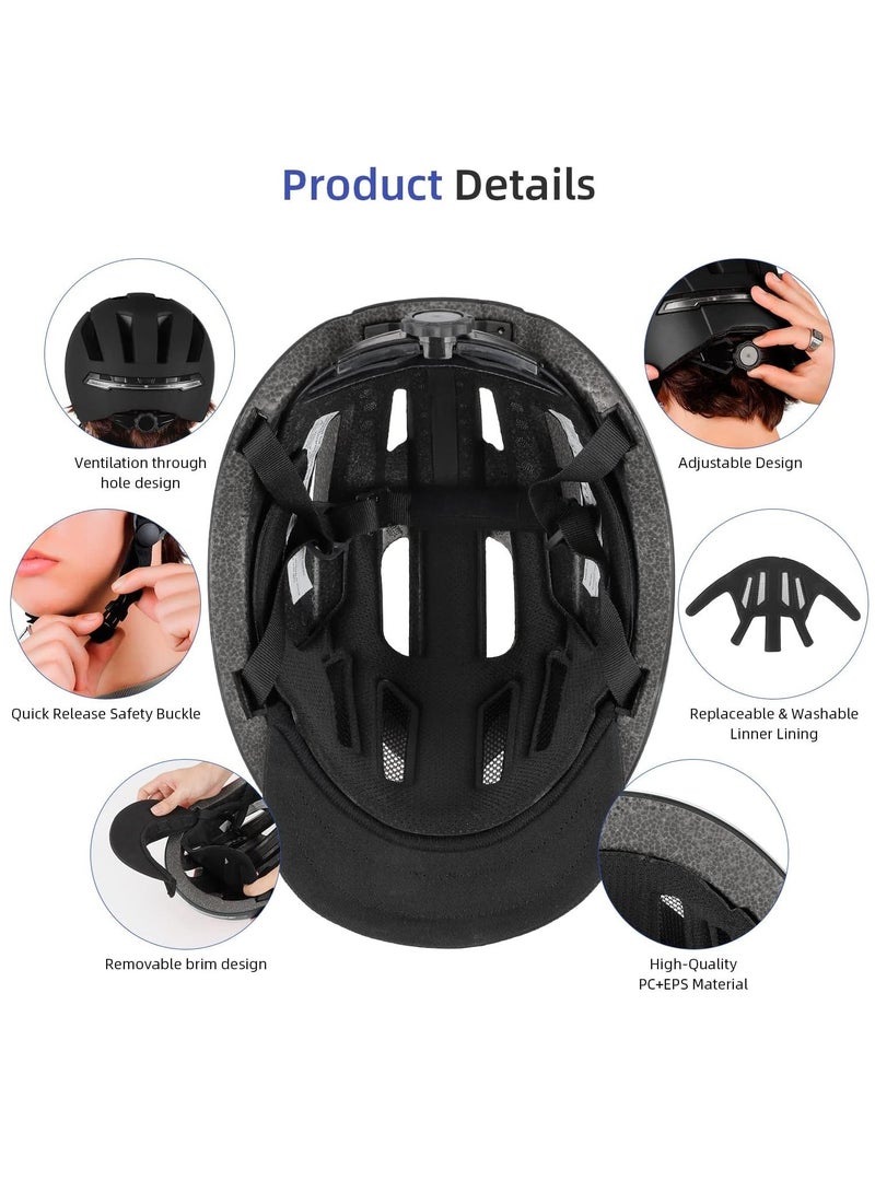 Smart Bicycle Helmet With Front Rear Led Light Detachable Visor And Lining For Adults Men Women Bike Skateboard Cycling Roller Scooter Commute